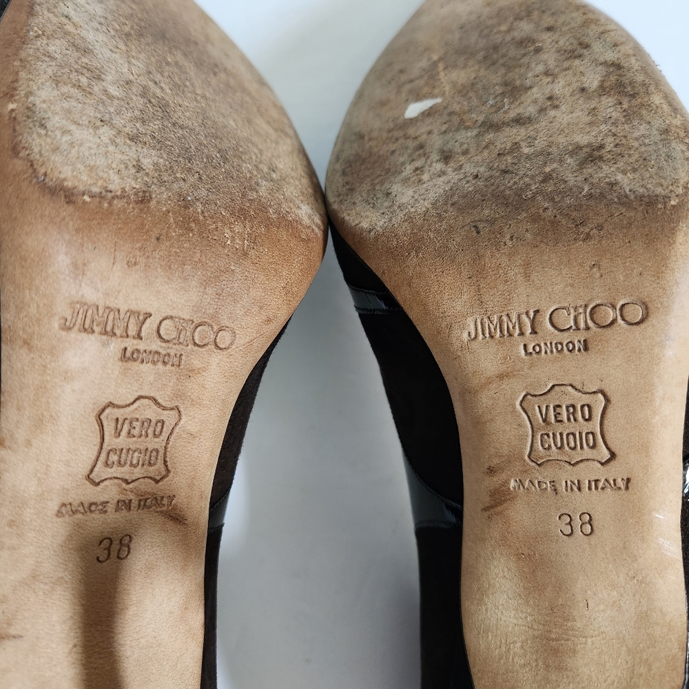 Jimmy Choo Brown Suede and Patent Leather Heels - Picture 11 of 16